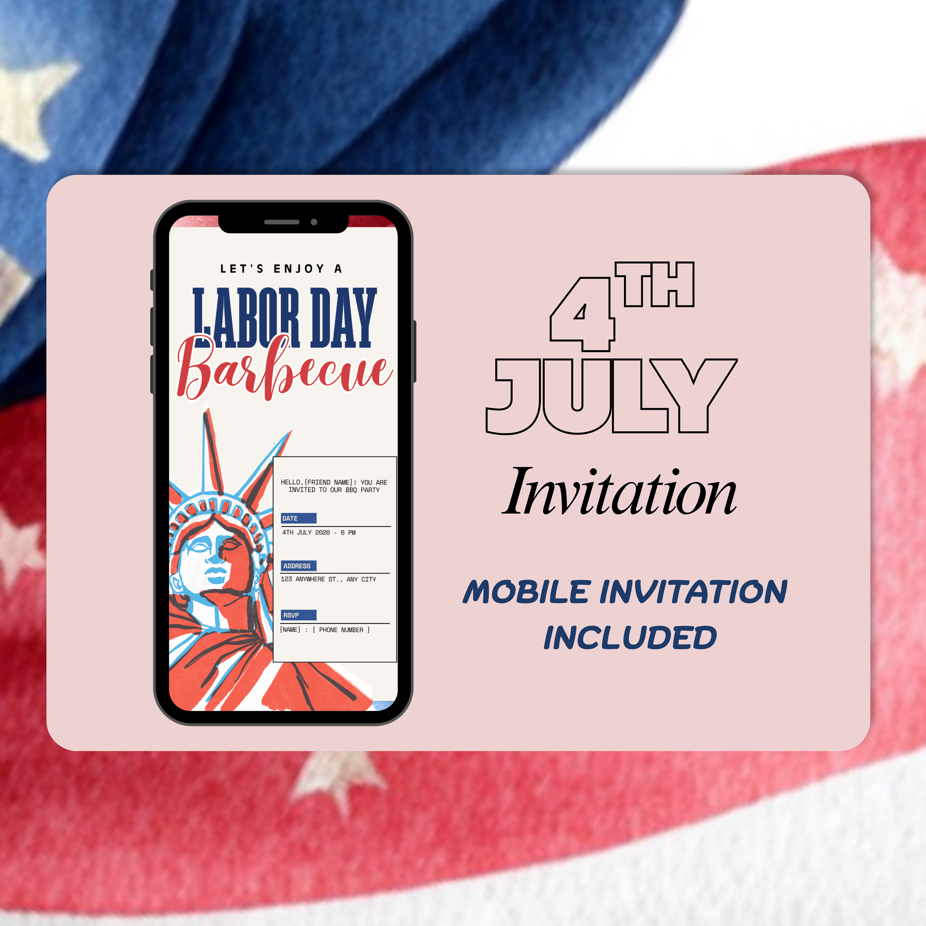 4th of July Celebration Invitation, Big Statue of Liberty Party Retro Template (Digital Download)
