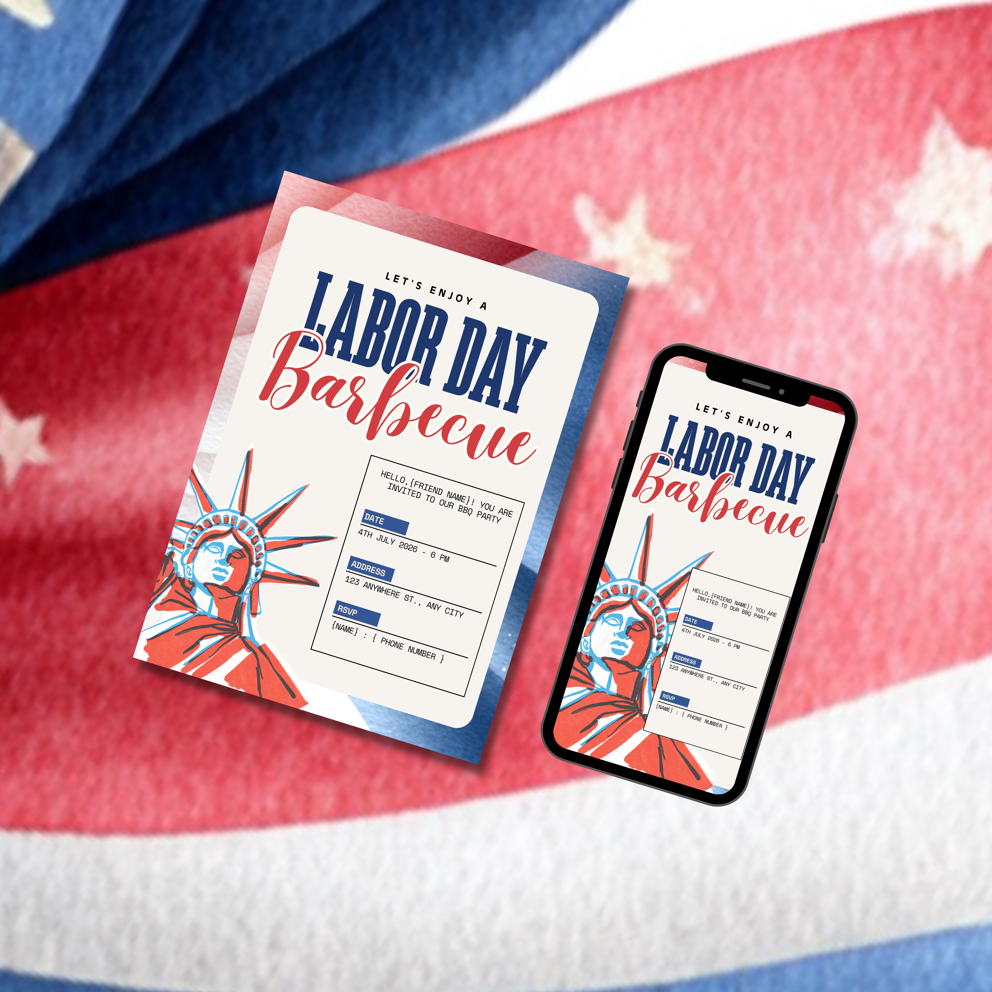 4th of July Celebration Invitation, Big Statue of Liberty Party Retro Template (Digital Download)