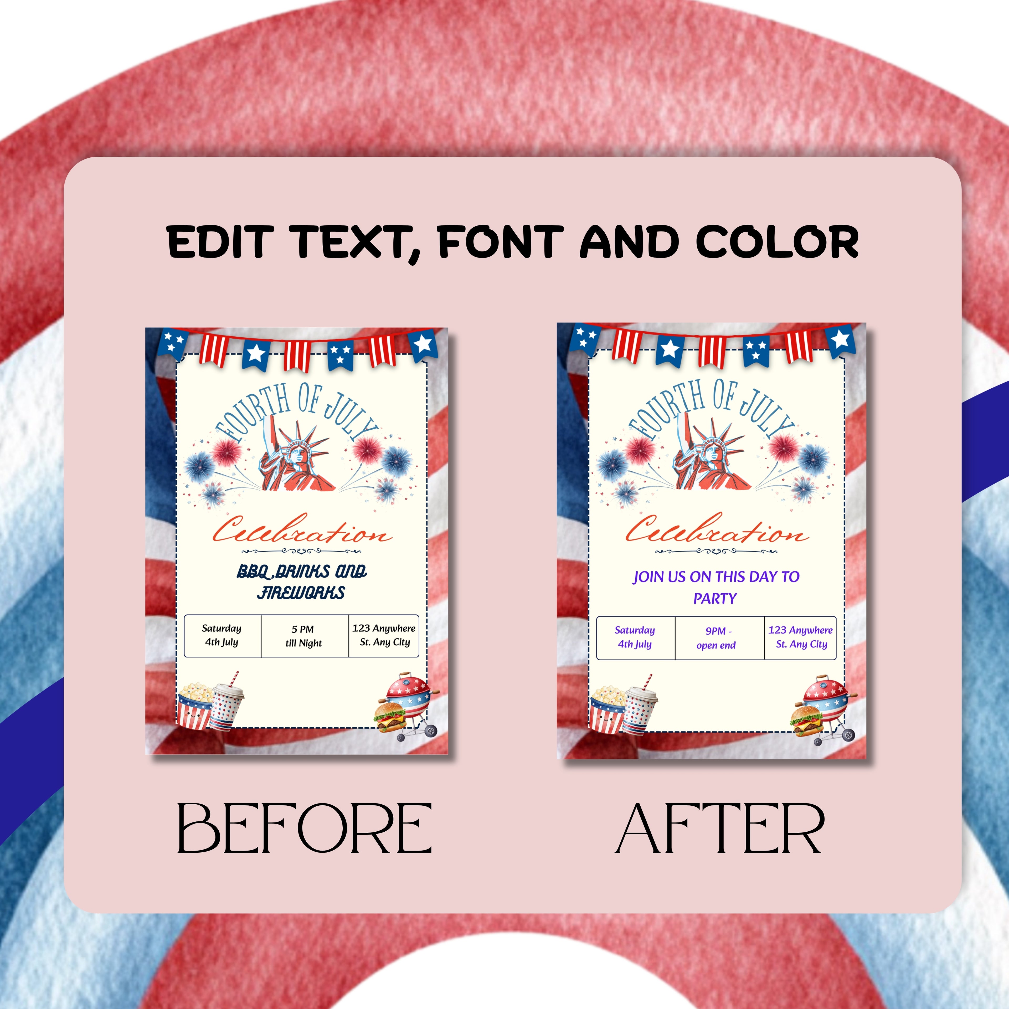 4th of July Celebration Invitation, Statue of Liberty Party Template (Digital Download)