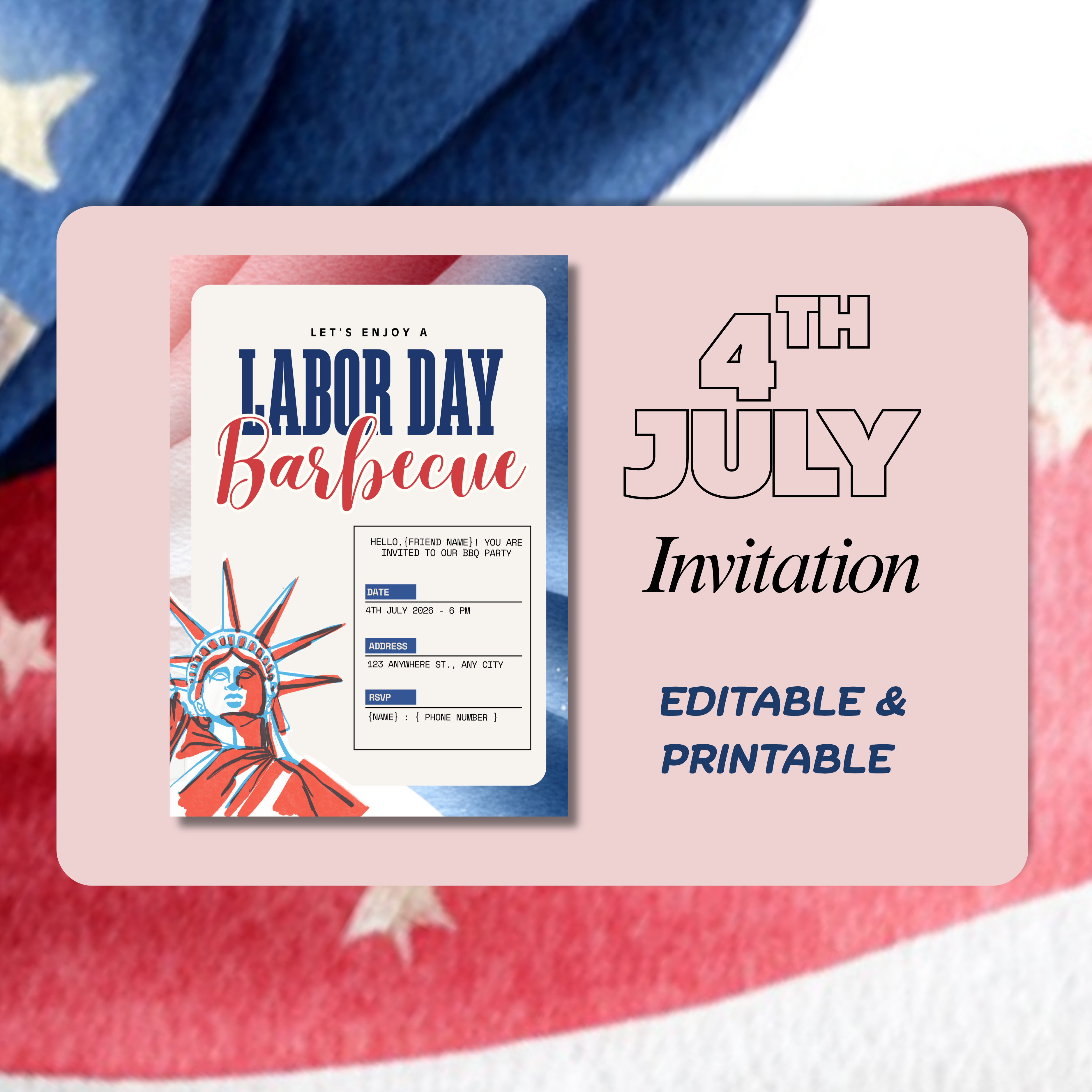 4th of July Celebration Invitation, Big Statue of Liberty Party Retro Template (Digital Download)