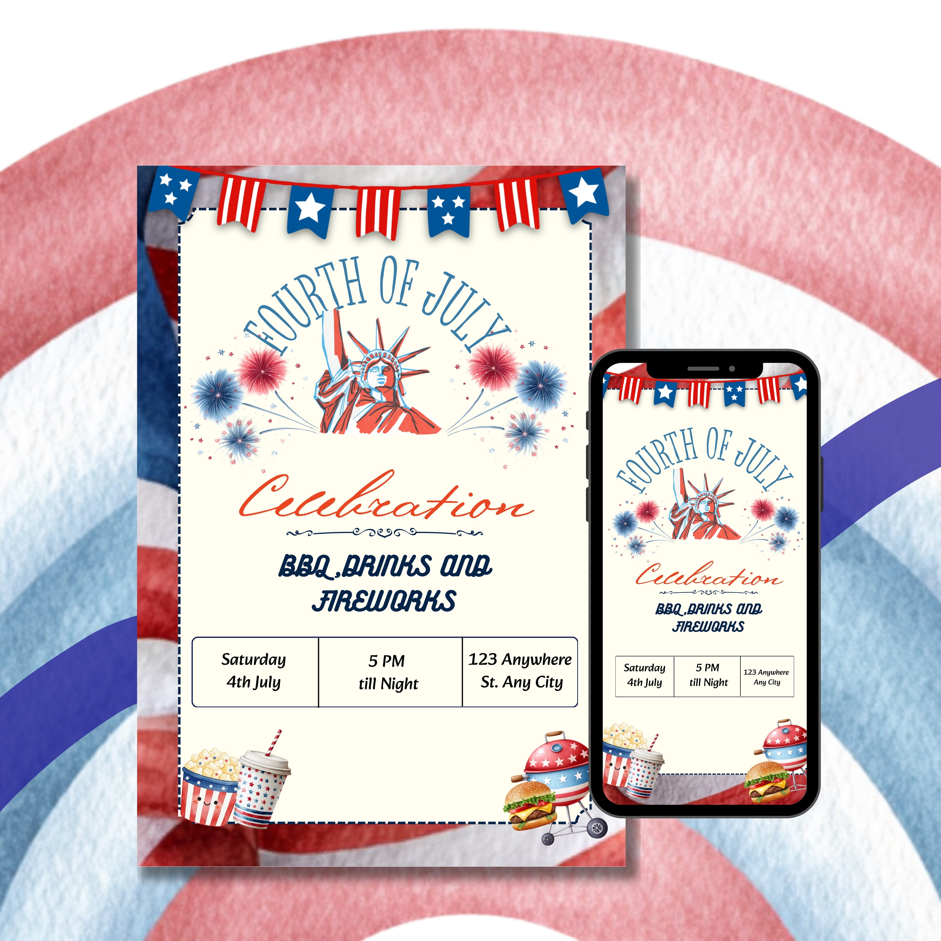 4th of July Celebration Invitation, Statue of Liberty Party Template (Digital Download)