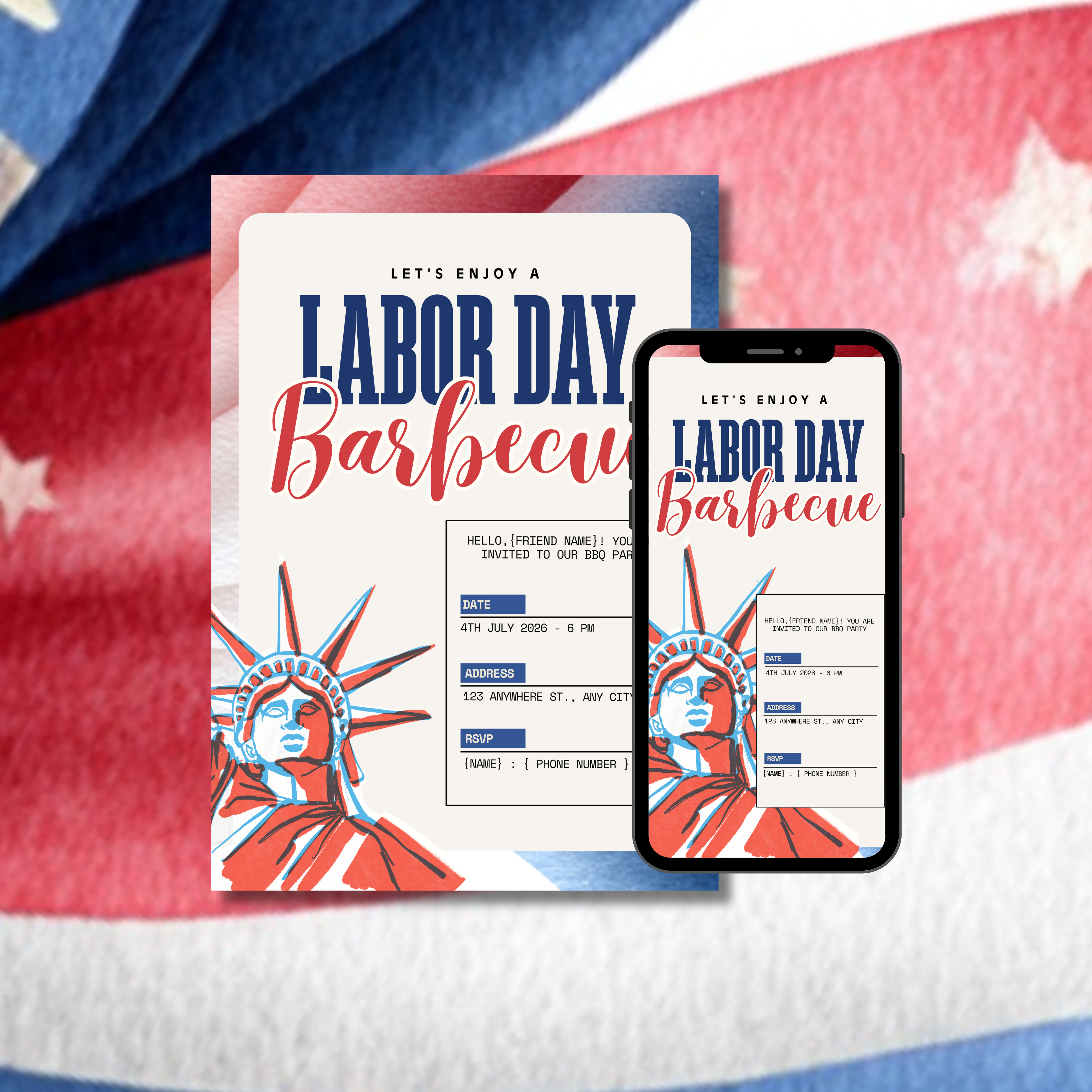 4th of July Celebration Invitation, Big Statue of Liberty Party Retro Template (Digital Download)